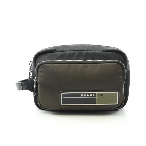 Prada PRADA Men's Nylon and Leather Second Bag/Clutch Bag Black/Khaki 2VF029
